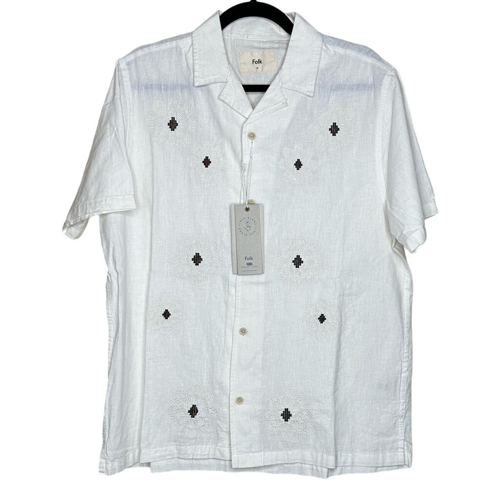 Folk Kota Mens Linen Blend Embroidered Camp Shirt Size Medium NWT $165